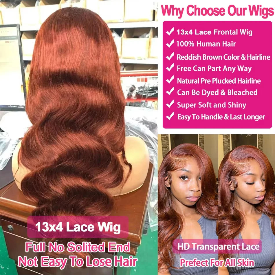 Reddish Brown Body Wave 13X4 Lace Frontal Human Hair Wig HD Lace Frontal Wig Human Hair Wig Pre Plucked Brazilian Remy Hair Wig