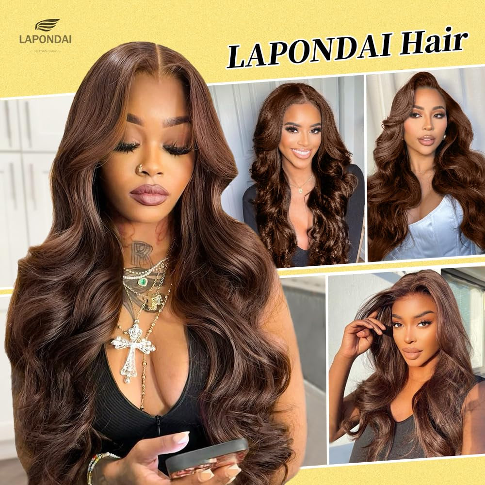 200 Density Chocolate Brown Lace Front Wig Human Hair 30 Inch 13X6 HD Body Wave Lace Front Wigs Human Hair Colored Glueless Wigs Human Body Wave Wig for Woman Pre Plucked with Natural Hairline