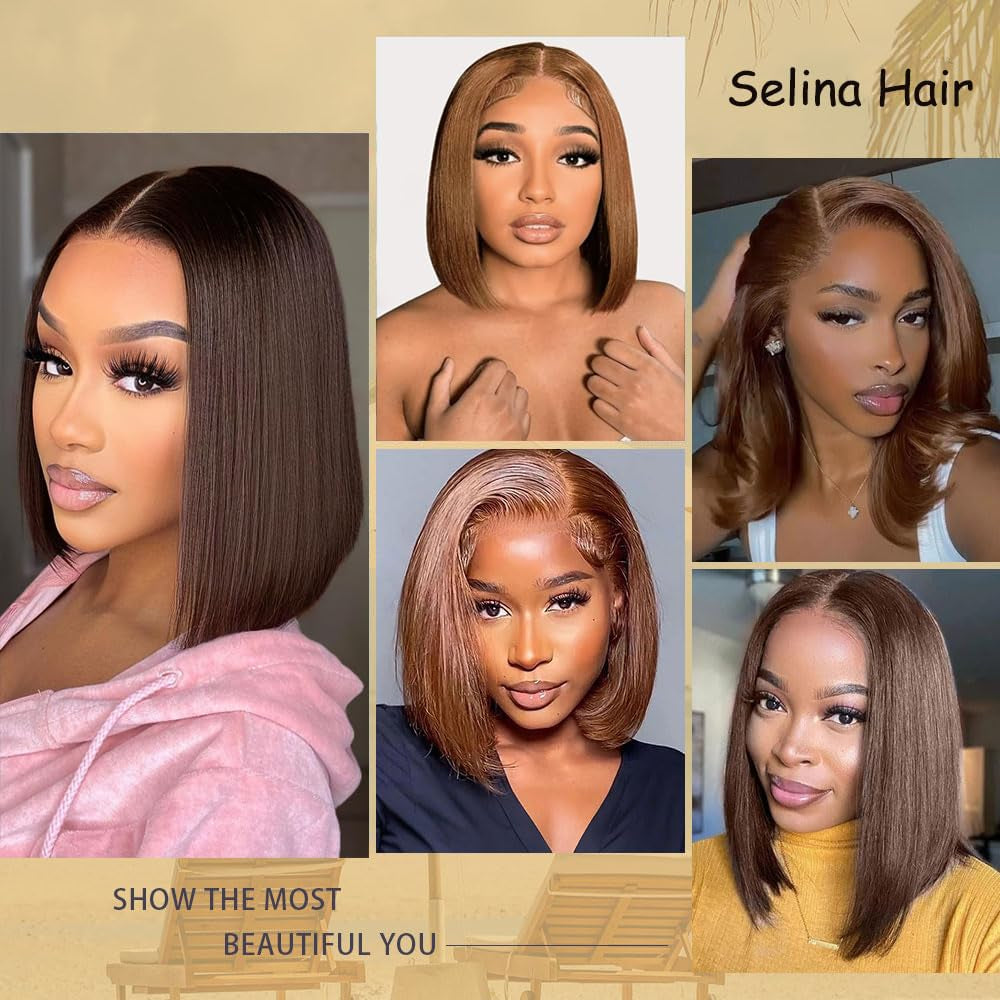 Bob Wig Human Hair 4X4 Lace Closure Wigs 180% Density Brazilian Virgin Human Hair Straight Bob Lace Front Wigs for Women Pre Plucked with Baby Hair Chocolate Color 14 Inch