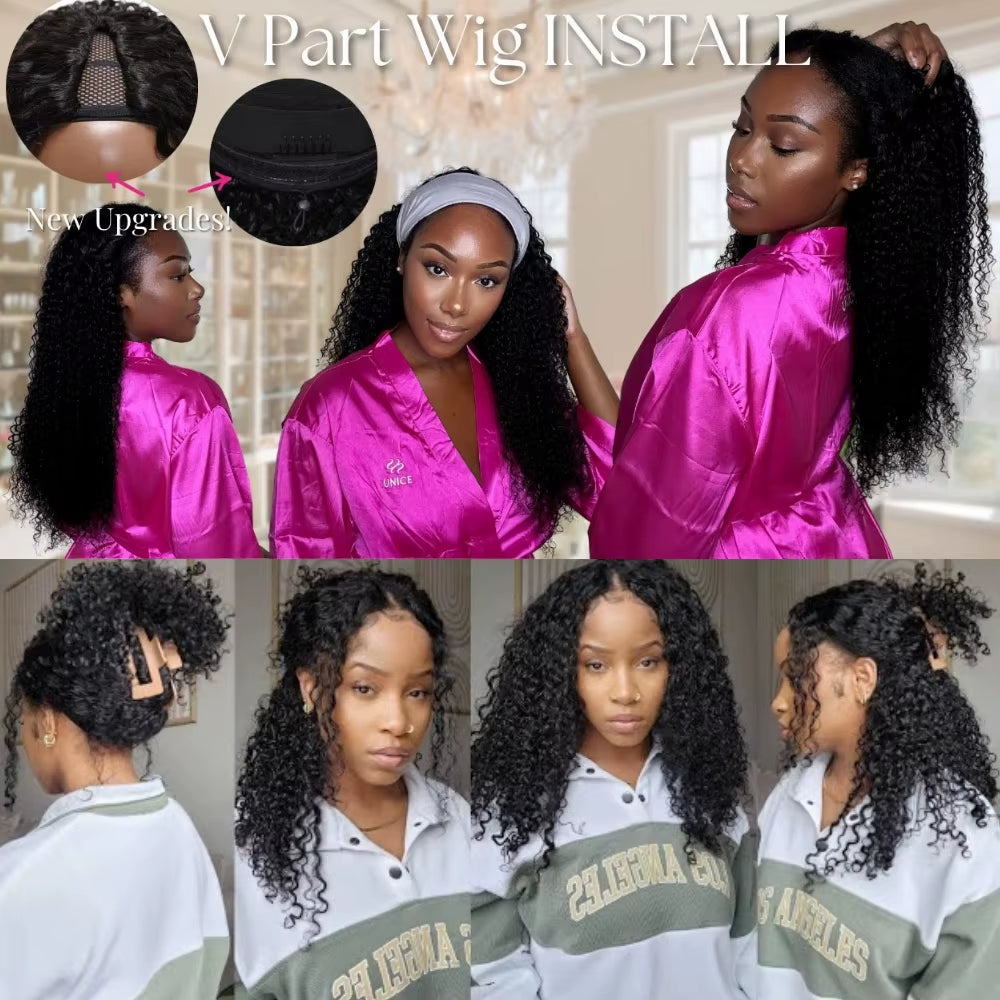 Hair Jerry Curly V Part Wig Human Hair Upgrade U Part Wig Easicontour Minimal Leave-Out Super Natural 100% Human Hair Wig