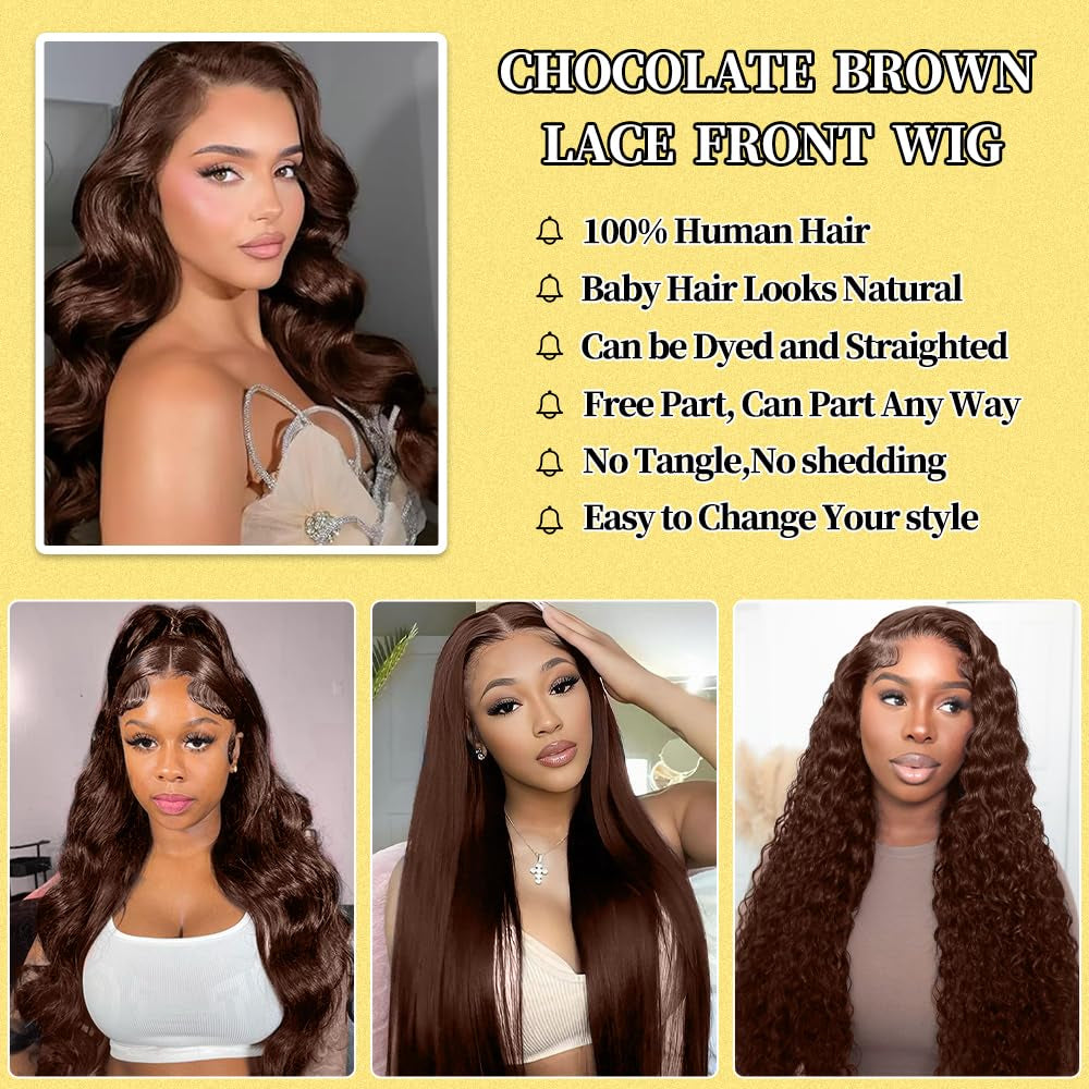 200 Density Chocolate Brown Lace Front Wig Human Hair 30 Inch 13X6 HD Body Wave Lace Front Wigs Human Hair Colored Glueless Wigs Human Body Wave Wig for Woman Pre Plucked with Natural Hairline