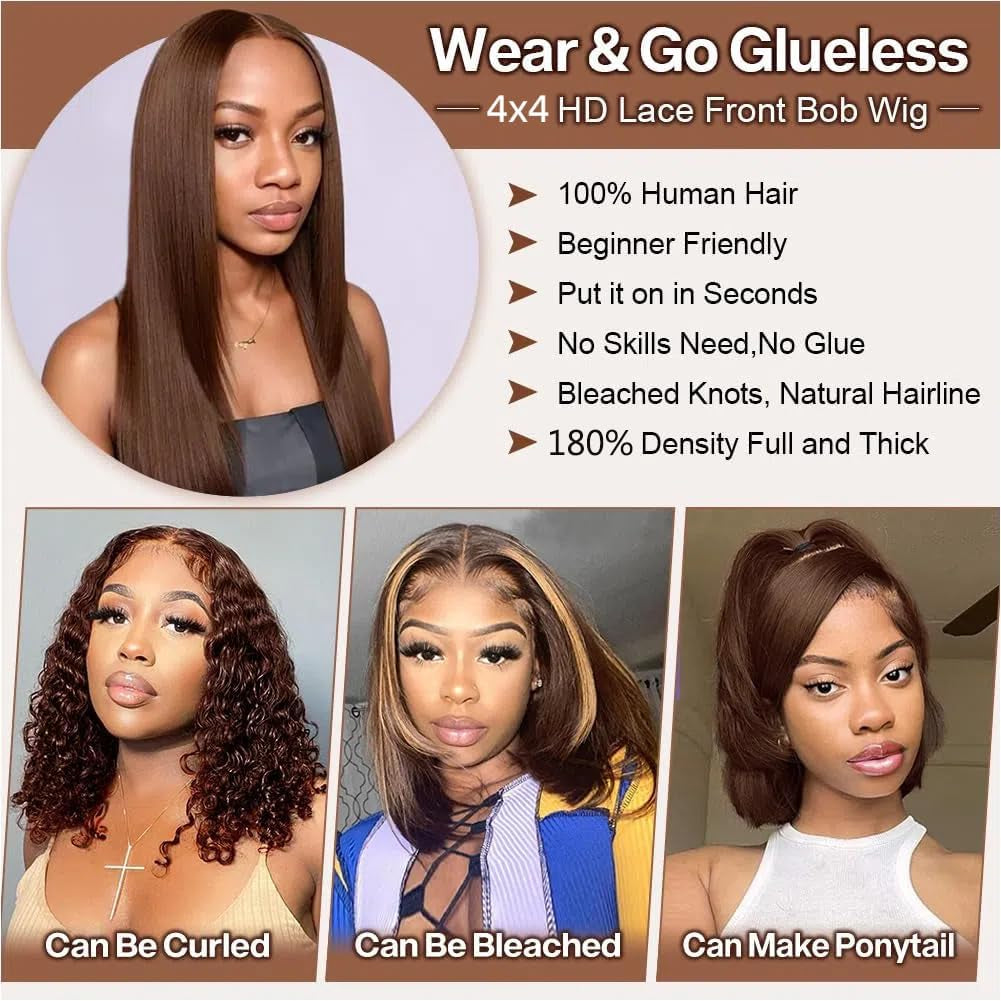 Bob Wig Human Hair 4X4 Lace Closure Wigs 180% Density Brazilian Virgin Human Hair Straight Bob Lace Front Wigs for Women Pre Plucked with Baby Hair Chocolate Color 14 Inch