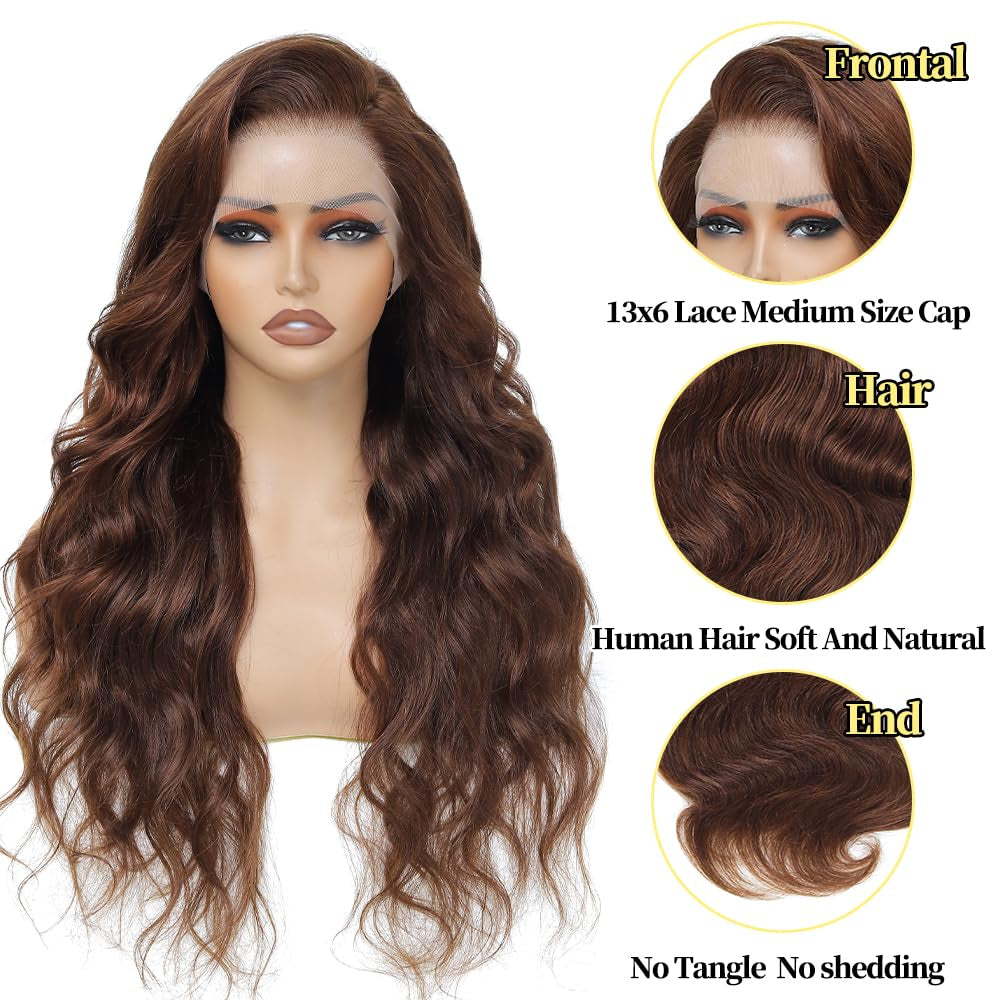 200 Density Chocolate Brown Lace Front Wig Human Hair 30 Inch 13X6 HD Body Wave Lace Front Wigs Human Hair Colored Glueless Wigs Human Body Wave Wig for Woman Pre Plucked with Natural Hairline