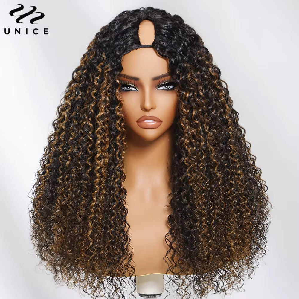 Hair Jerry Curly V Part Wig Human Hair Upgrade U Part Wig Easicontour Minimal Leave-Out Super Natural 100% Human Hair Wig