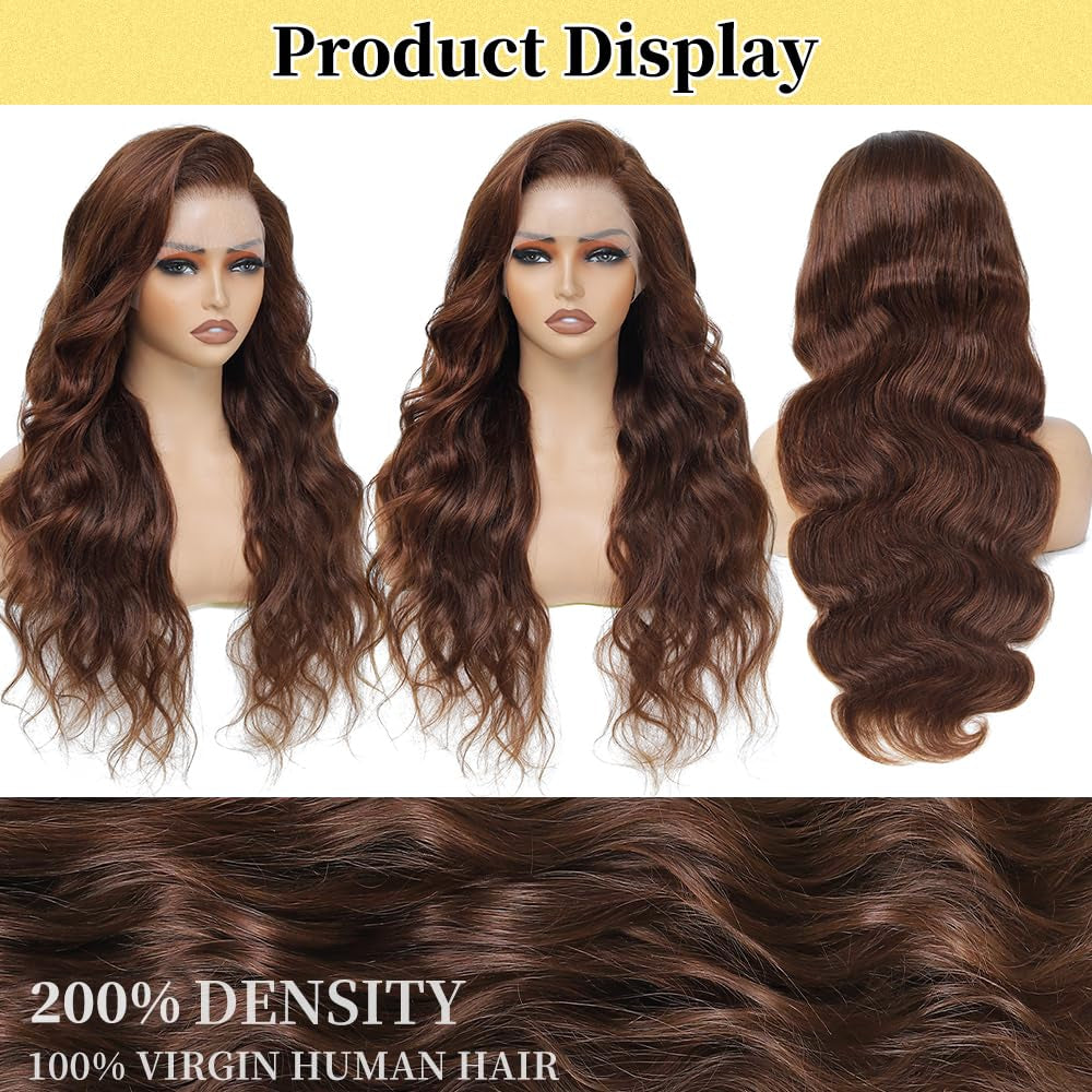 200 Density Chocolate Brown Lace Front Wig Human Hair 30 Inch 13X6 HD Body Wave Lace Front Wigs Human Hair Colored Glueless Wigs Human Body Wave Wig for Woman Pre Plucked with Natural Hairline