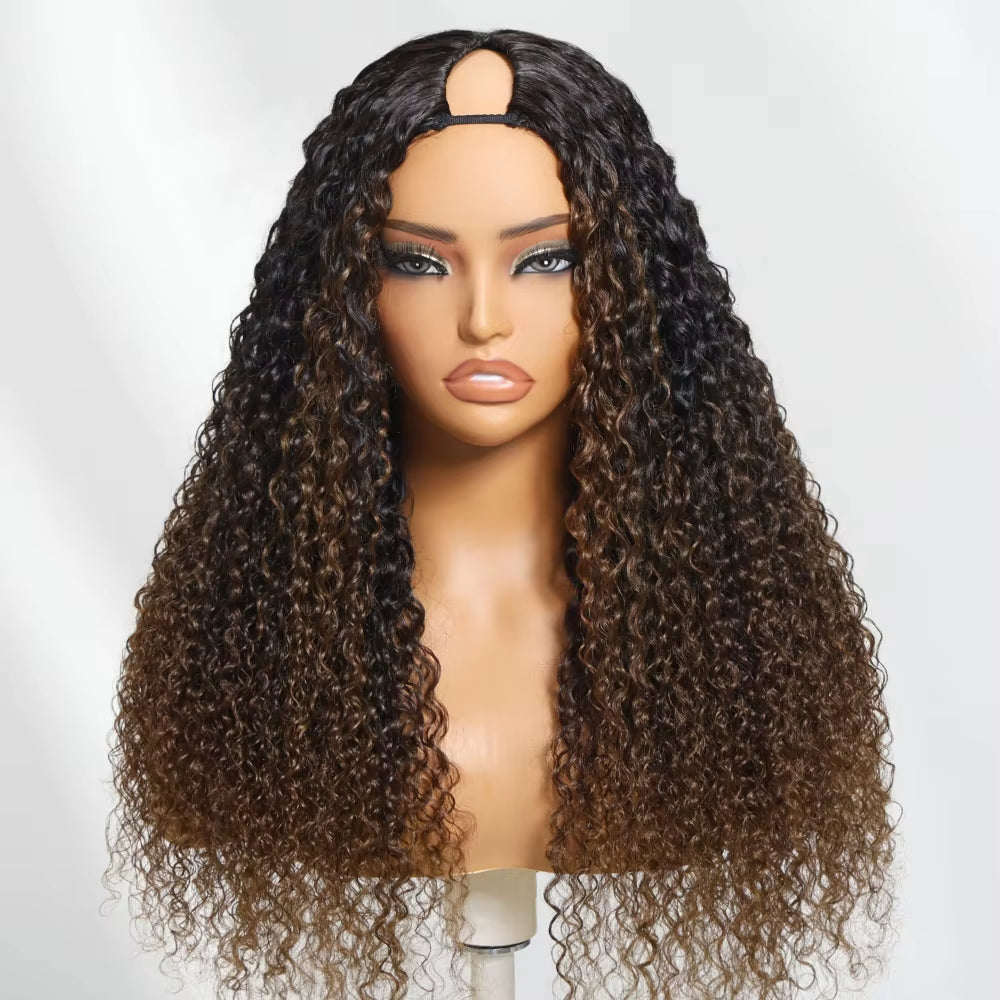 Hair Jerry Curly V Part Wig Human Hair Upgrade U Part Wig Easicontour Minimal Leave-Out Super Natural 100% Human Hair Wig