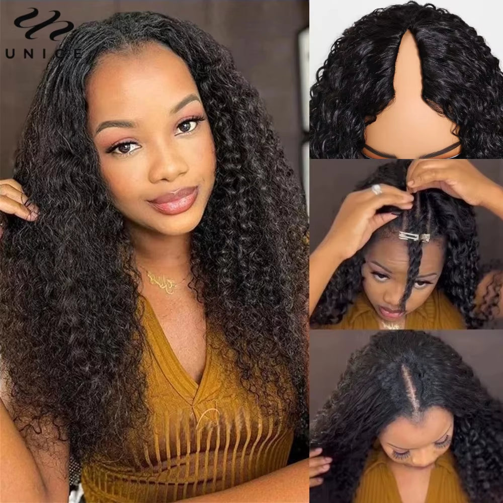 Hair Jerry Curly V Part Wig Human Hair Upgrade U Part Wig Easicontour Minimal Leave-Out Super Natural 100% Human Hair Wig