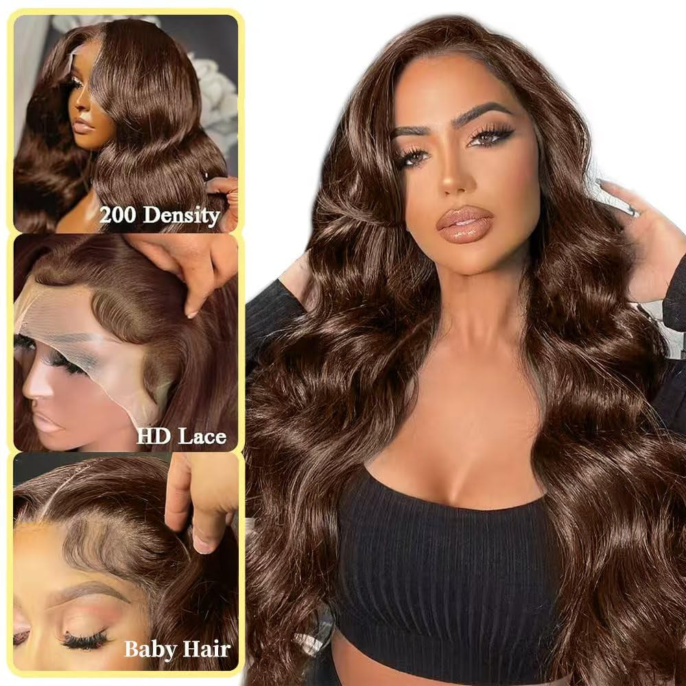 200 Density Chocolate Brown Lace Front Wig Human Hair 30 Inch 13X6 HD Body Wave Lace Front Wigs Human Hair Colored Glueless Wigs Human Body Wave Wig for Woman Pre Plucked with Natural Hairline