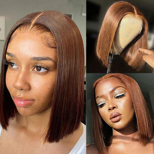 Bob Wig Human Hair 4X4 Lace Closure Wigs 180% Density Brazilian Virgin Human Hair Straight Bob Lace Front Wigs for Women Pre Plucked with Baby Hair Chocolate Color 14 Inch
